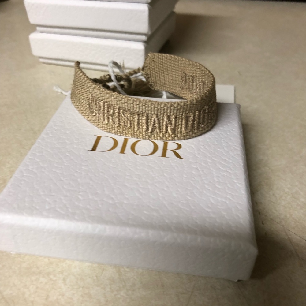 Christian Dior Friendship Bracelet Tan Brown Women Woven Bracelet Embroidered
